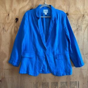 H HALSTON 100% LINEN One Button Blue Blazer Jacket Sz M